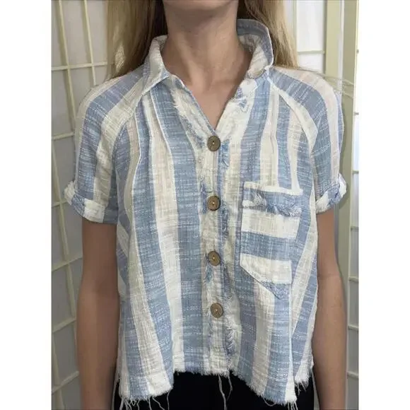 We the Free Classic Boho‎ Beach Gauze Cropped Fringe Striped Button Blouse Small - Picture 5 of 15
